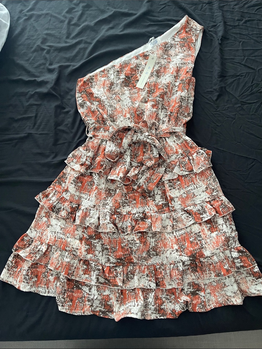She + Sky One-Shoulder Ruffle Tiered Dress in Rust and White